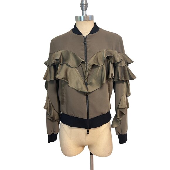 Cinq A Sept Leia Satin-Ruffle Bomber Jacket, Olive size XS - Picture 4 of 7